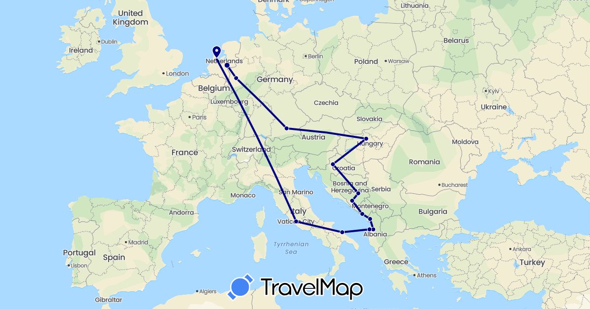 TravelMap itinerary: driving in Albania, Bosnia and Herzegovina, Germany, Croatia, Hungary, Italy, Montenegro, Netherlands (Europe)